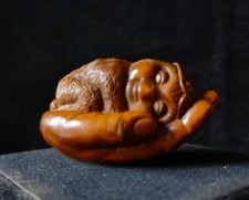 2-In Vintage Japanese Netsuke Old Boxwood Carved Zodiac Monkey Statue