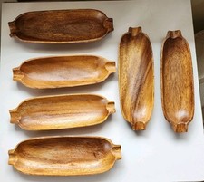 Set Of 6 Vintage Wooden Corn On The Cob Holders Plates Dishes
