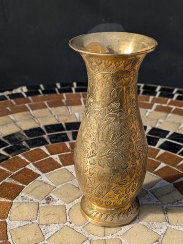 Vintage etched brass vase - etched,