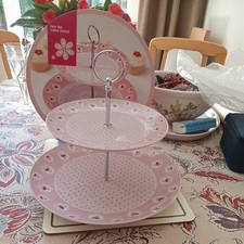 Sainsbury's 2 Tier Cake Stand in pink with Floral design  UNUSED Boxed #C4