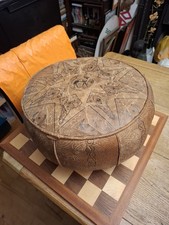 Vintage Mid Century Patterned Tan Brown Leather Round Moroccan Foot Stool Pouffe