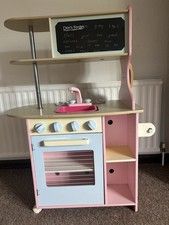 Children’s Solid Wooden Kitchen On Wheels With Baskets, Food, & Shopping Trolly