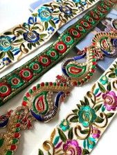 REMNANTS 7cm - 3.5cm Wide Assorted Indian Peacock/Flower Embroidery Trim Ribbon