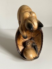 Wooden Carved Cat Ornament Cute Kittens In Basket Great Preowned Condition 