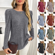 Ladies Casual Pullover KNITTED Stretch Jumper Shirts Long Puffs Sleeve Tops SIZE