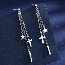 925 Sterling Silver Cross Star Dangle Tassel Drop Earrings Womens Jewellery UK