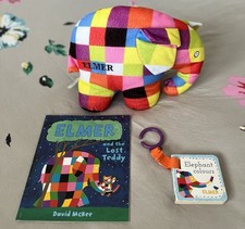 2007  Rainbow Designs Elmer Elephant & Board Book VGC Plush Soft Toy 8" Bundle