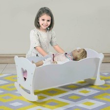 Dolls Large White Wooden Rocking Cradle Cot Bed Crib Heart Design Doll Furniture
