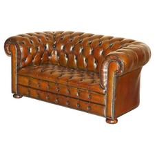 RESTORED 165CM WIDE CHESTERFIELD FULLY TUFTED TWO SEAT BROWN LEATHER CLUB SOFA
