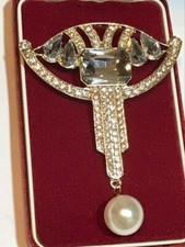 Stunning Art Deco Style Geometric Crystal & Pearl Gold Tone Brooch Shawl Pin