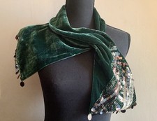 Vintage Green Velvet Scarf, Sequins Beaded, From The Big Scarf Co. 44”x 5” VGC