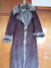 Vintage Faux Shearling Coat with Faux Fur Trim – Long Brown Retro Boho 70s Style