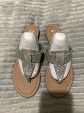 George Size UK 5 Silver Glitter Low 1.2 Inch Wedge Heel Toe Post Sandals New