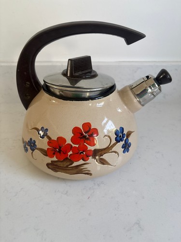 Vintage 1970 enamel tea kettle - vintage,