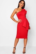 boohoo one shoulder red midi