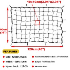 120x90cm Trailer Latex Cargo Net Bungee Cord w/ 12 Hooks for Bed Truck Roof Rack
