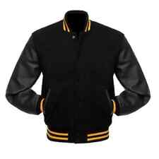 New Black Wool Varsity Letterman Jackets Black Real Leather Sleeves Yellow Rib