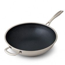 Reishunger Premium Stainless Steel Wok 32 cm + Lid | Honeycomb Non-Stick