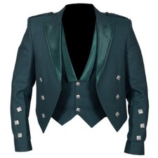 Men's Scottish Green Serge wool Prince Charlie Jacket 3 Button Vest Jacket