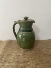 Studio Pottery Jug with Lid Green Water Pitcher Signed