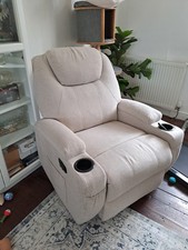 Beige Recliner Armchair With Drink Holders And Magazine Holders