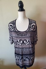 Gerry Weber Women's XL Top Tunic Beaded Scoop Neck Abstract Floral Black/Tan