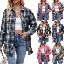 Women's Long Sleeve Check Plaid Flannel Button-Up Shirt Chest Pocket Oversized