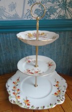 3 tier china cake stand, Art Deco base Plates in orange, yellow & peach florals