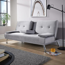 Modern Grey Crushed Velvet Fold-Out Sofa Bed – Drop-Down Arm with Cup Holders