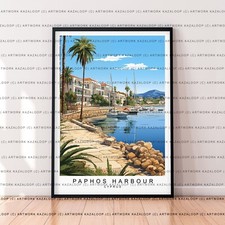Paphos Harbour Unframed Illustration Art Print Cyprus Coastal Travel Poster