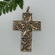 Massive Solid Bronze Celtic Birds Gold Cross Pendant Attach Ribbon for Bookmark