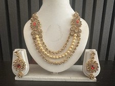 Red Gold Beige Indian Bollywood Costume Jewellery Jewelry Set Necklace Earrings