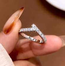 Wishbone Ring Sparkly Zircon Chevron Dainty Minimalist Sterling Silver Band