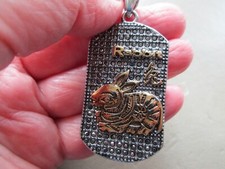 VINTAGE RETRO LARGE SILVER GOLD TONE LUCKY RABBIT DOG TAG MARCASITE FOB PENDANT