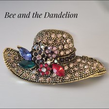 Summer Hat  Brooch  With Multicoloured Rhinestone Crystals