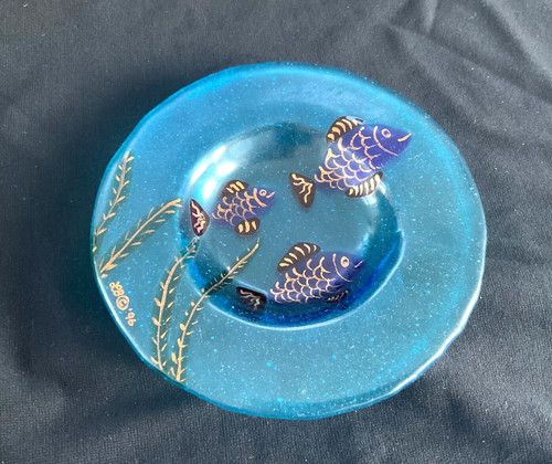 Blue fused art glass - dish, /