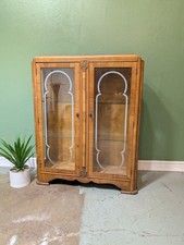 Vintage Art Deco Glass Display Cabinet Walnut Wood Glass Shelves