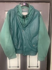 Vintage Retro 80’s Turquoise Leather Cotton Poly Ski Jacket Coat Hood Steel