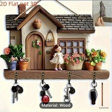 Wooden Wall Key Holder Rack Cute House Design Hanging Hook Home Decor Gift 2D