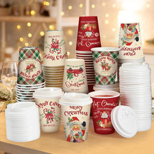 100 Set Christmas Paper Cups Disposable 12 Oz with Lids Hot Chocolate Cups Coffe