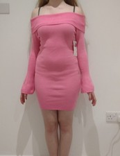 Pink Dress Bodycon Bardot Off Shoulder Size S Long Sleeve