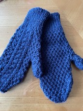 New Navy Blue handknitted arran cable knit mittens one size ladies