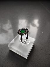 Vintage Retro 70s Green Gemstone & Marcasite Antique Silver Tone Flower Ring