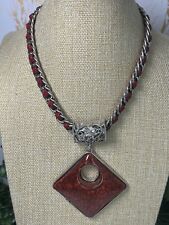 Statement Pendant Necklace Red Chunky Square PVC Woven Silver Tone Chain 533