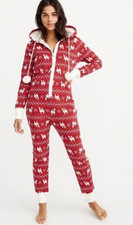 Abercrombie & Fitch Red Llama Print Hooded Holiday One Piece Pajamas Jrs M/L