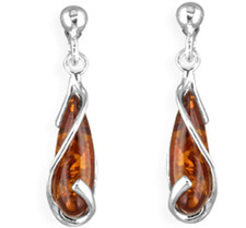 Silver Amber Earrings Cabochon  Cognac Dropper Drop Stud  925 Sterling Silver