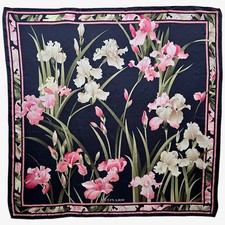 Vintage 90s Leonard Paris Floral Water Colour Painting Print Black Silk Scarf