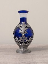 Vintage Art Deco Style Caged Cobalt Blue Bubble Glass Silver Embossed Metal Vase