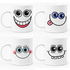 Mugs Set Of 4 White Ceramic 11oz Coffee / Tea Mug Gift With Crazy Funny Faces