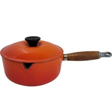 Le Creuset Orange Cast Iron Saucepan with Wooden Handle and Lid